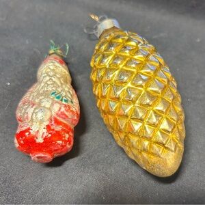 Lot of 2 1920-1930 Mercury Glass Christmas Ornaments Santa and Large Pine Cone
